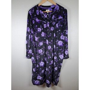 Aria Collection Purple Floral Nightgown Long Sleeve Velour Sleep Dress Large